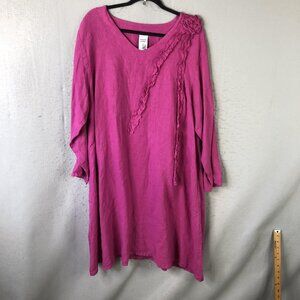 Match Point Dress Womens XL Pink Linen Trapeze Swing Midi Ruffle USA Boho